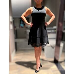 PARKER Black Knit Dress Faux Leather Cutout Trim Fringe Fit and Flare Medium EUC